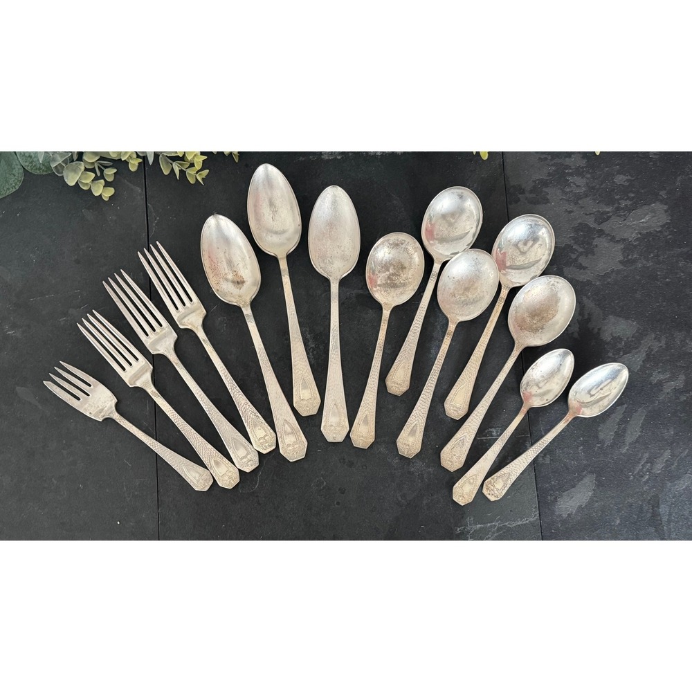 Heraldic Hammered flatware 1847 Rogers Bros silverplate triple plate vintage lot